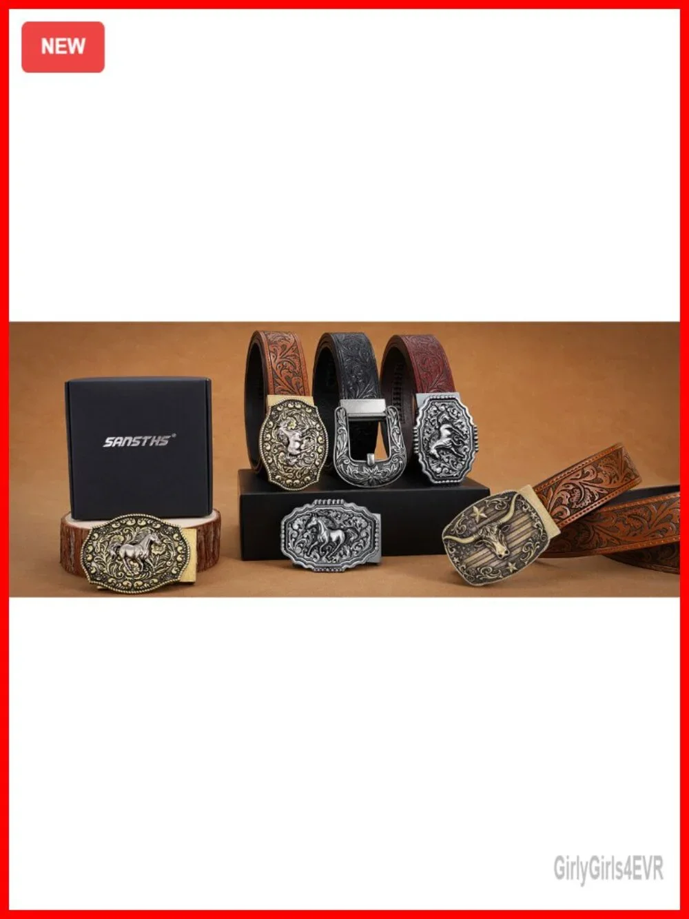 Western Cowboy Ratchet Belt Leather Leaf Embossing Adjustable